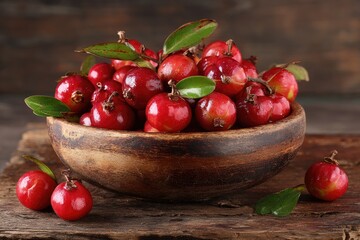 A wooden bowl brimming with vibrant red berries, complete with fresh green leaves.  Small berries cluster together in the bowl, and a few more are nestled on the rustic wooden surface