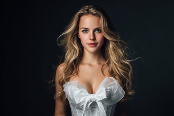 Naklejka premium Young blonde woman in an elegant white dress poses confidently against a dark backdrop, showcasing beauty and grace in a stylish manner during a photoshoot