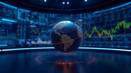 A digital globe rotates in a futuristic studio with stock market data displayed on screens, symbolizing global finance, technology, and interconnectedness in a modern setting