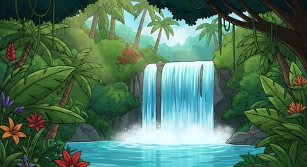 Waterfall in the jungle, surrounded by tropical plants