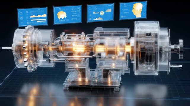 Detailed transparent engine model showcasing intricate mechanical components and glowing elements displayed in a dark setting during a technology exhibit