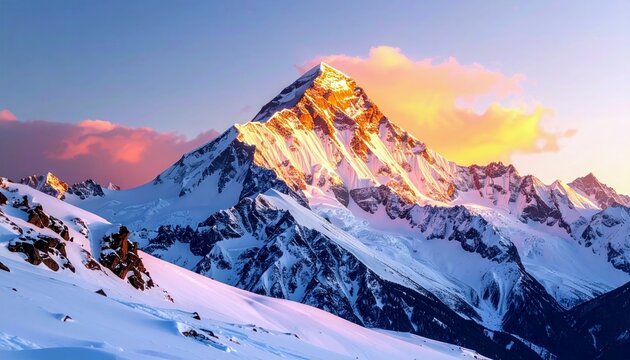 A majestic, snow-covered mountain peak is bathed in the warm, golden light of sunrise, with colorful clouds dotting the sky. - Powered by Adobe