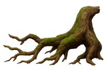 Gnarled tree stump and roots covered in lush green moss, a fantasy forest element on transparent background