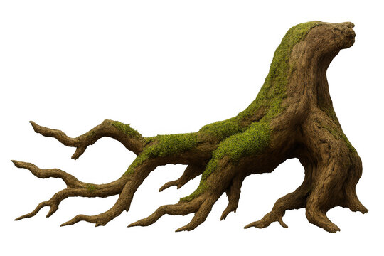 Gnarled tree stump and roots covered in lush green moss, a fantasy forest element on transparent background