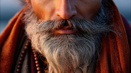 Sadhu in morning light exudes wisdom and tranquility with serene expression and flowing beard that reflects his spiritual journey