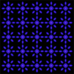 A glowing grid of radiant indigo shapes forms a repeating geometric tapestry, blending soft gradients and symmetry into a mesmerizing, ornamental pattern of light.