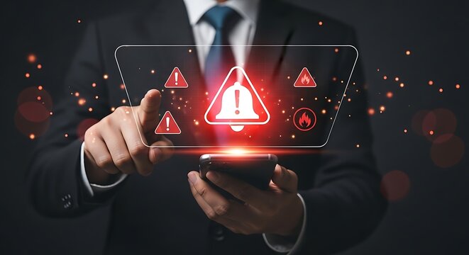 Businessman interacting with a digital interface displaying glowing red warning and alert symbols on a dark background