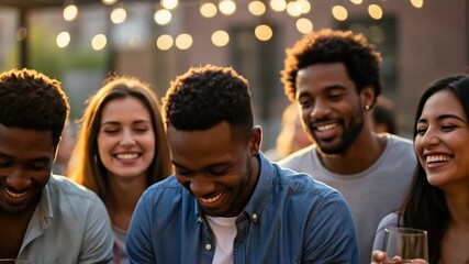 Joyful friends laughing together outdoors with warm lighting ambiance