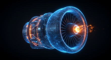 Futuristic digital 3D engine illustration with neon blue and orange glowing details on black