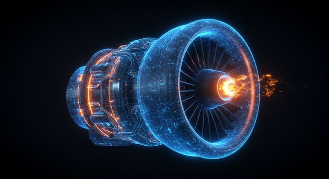 Futuristic digital 3D engine illustration with neon blue and orange glowing details on black