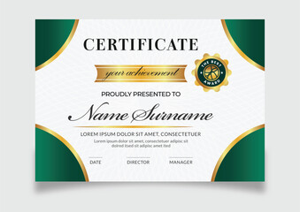 Elegant certificate template with green and gold accents isolated on white background