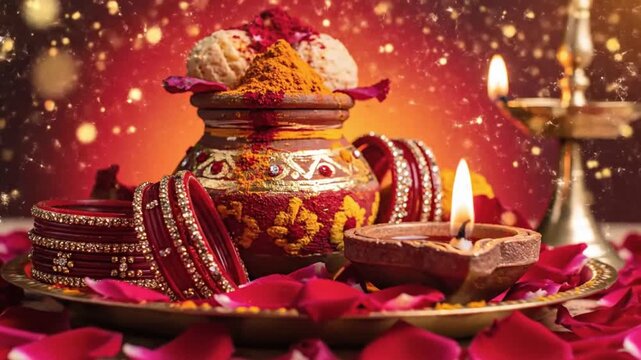 Karva Chauth Pooja Thali Traditional Hindu Ritual Festival Setup
