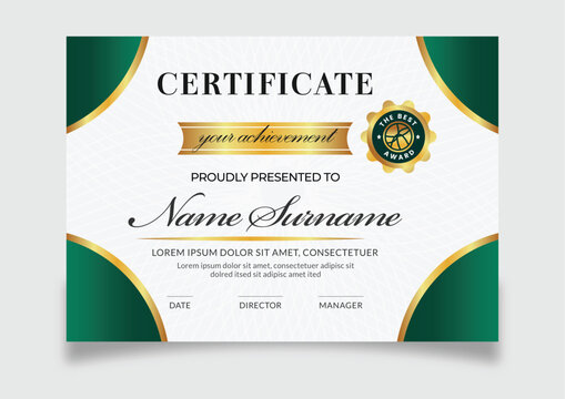Elegant certificate template with green and gold accents isolated on white background