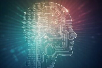 Artificial intelligence concept with a human head outline filled with circuit board patterns and binary code technology and future on a colorful background