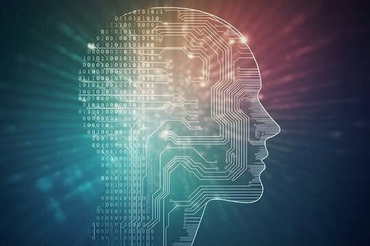 Artificial intelligence concept with a human head outline filled with circuit board patterns and binary code technology and future on a colorful background