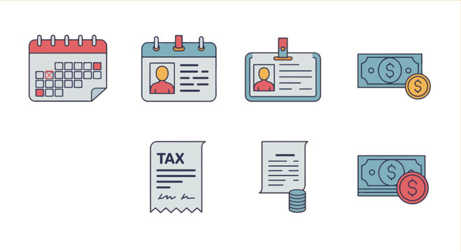 A set of flat design icons representing financial concepts like taxes, money, and payments, along with personal identification and calendar planning