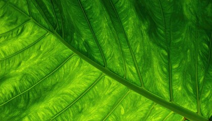 Close-up view of a large, vibrant green leaf