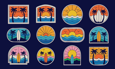 Set of 12 Retro-Style Beach and Surf Badge Illustrations, Tropical Sunset & Surfboard Emblems, Perfect for t-shirt prints, stickers and other uses