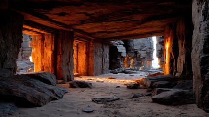 Ancient temple off beaten path reveals stunning light filtering through stone walls, creating serene atmosphere in hidden sanctuary