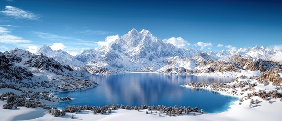 A panoramic view of a pristine winter landscape featuring snow-covered mountains, a tranquil blue lake, and scattered clouds in a bright blue sky.
