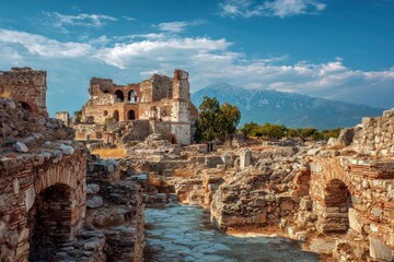 Exploring ancient ruins in a Mediterranean Turkish city with impressive remains against a backdrop of mountains