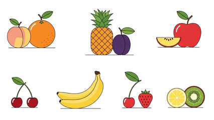 Colorful fruit illustrations Peach, orange, pineapple, plum, apple, kiwi, cherry, strawberry, banana, lemon