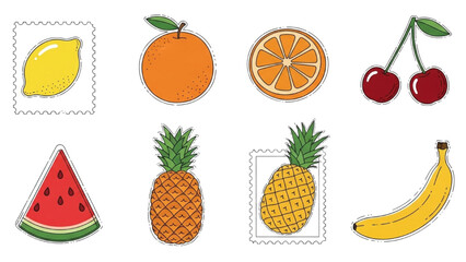 Collection of Various Fresh Fruits with Colorful Designs and Stamp Borders