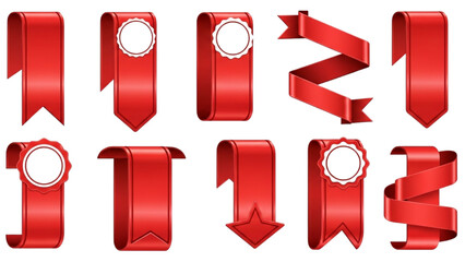A versatile collection of shiny red ribbons and banners for sales and festive occasions