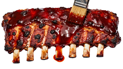 Close-up shot of BBQ ribs being brushed with sauce
