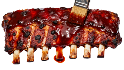 Close-up shot of BBQ ribs being brushed with sauce