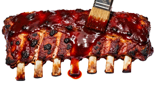 Close-up shot of BBQ ribs being brushed with sauce