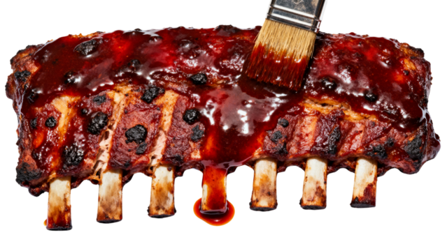 Close-up shot of BBQ ribs being brushed with sauce