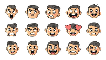 Diverse Cartoon Male Faces Illustrating a Broad Spectrum of Emotional Expressions and Moods