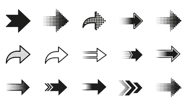 Modern collection of black directional arrow icons with pixel, gradient, and motion effects