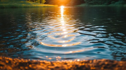 Golden Sunset Reflections on Serene Lake Waters with Natures Tranquility, and Peaceful Scene.
