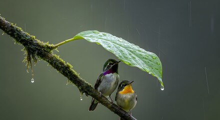 A touching wildlife moment showing a bird extending shelter during rain