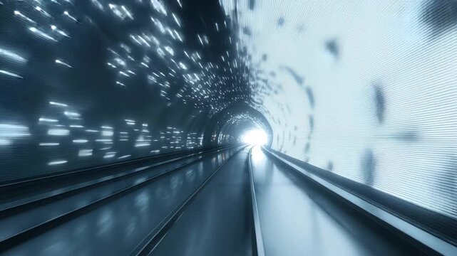 Experience a journey through a futuristic hyperspeed tunnel filled with shimmering lights and motion, creating a sense of rapid travel in a high-tech environment
