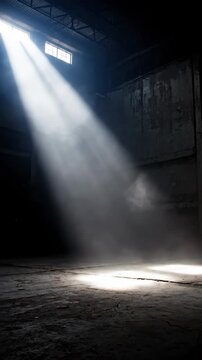 Cinematic volumetric light rays slowly sweeping across a large empty dark room creating moving shafts of shadow and subtle atmospheric dust mood, darkness, soft focus