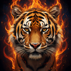 Close up portrait of a tiger surrounded by flames with a dark background and intense eyes