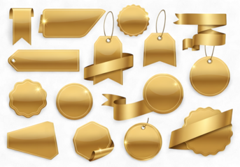 Elegant golden tags and ribbons for premium product promotion, perfect for adding a touch of luxury and sophistication to your marketing materials, ideal for sales and offers