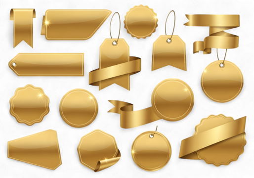 Elegant golden tags and ribbons for premium product promotion, perfect for adding a touch of luxury and sophistication to your marketing materials, ideal for sales and offers