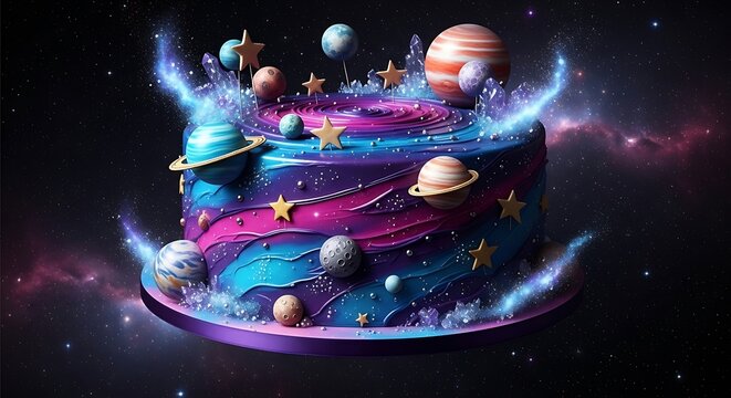Whimsical galaxy themed birthday cake with planets, stars, and cosmic dust on dark background