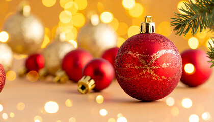 Diseño elegante con bolas y adornos navideños sobre fondo liso rojo para felicitacion y tarjeta de navidad fin de año, año nuevo