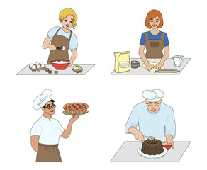 Vector illustration of baking activities featuring individuals mixing ingredients, kneading dough, and presenting finished baked goods like pie and cake. Illustrates joyful culinary experiences.