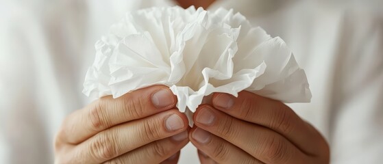 Hands holding crumpled white tissue paper, representing sickness or discomfort.