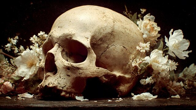 A Memento Mori Human Skull Adorned with Delicate Flowers Symbolizing Life's Transience