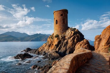 Exploring the historic coastal tower in Sp, surrounded by rocky cliffs and a breathtaking view of the sea and mountains