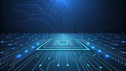 Blue glowing circuit board with chip in the center