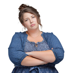 Frustrated woman with arms crossed expressing displeasure and annoyance with a displeased facial expression isolated on a white or transparent background