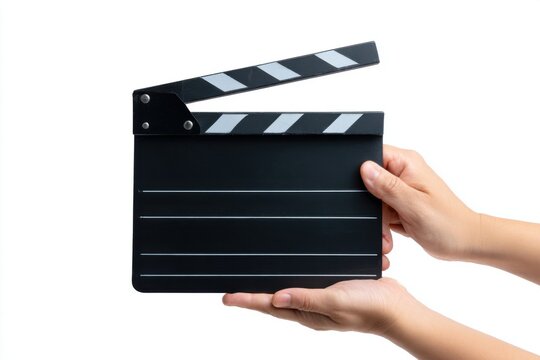 Hands hold a black clapper board ready for filming scenes in a studio setting